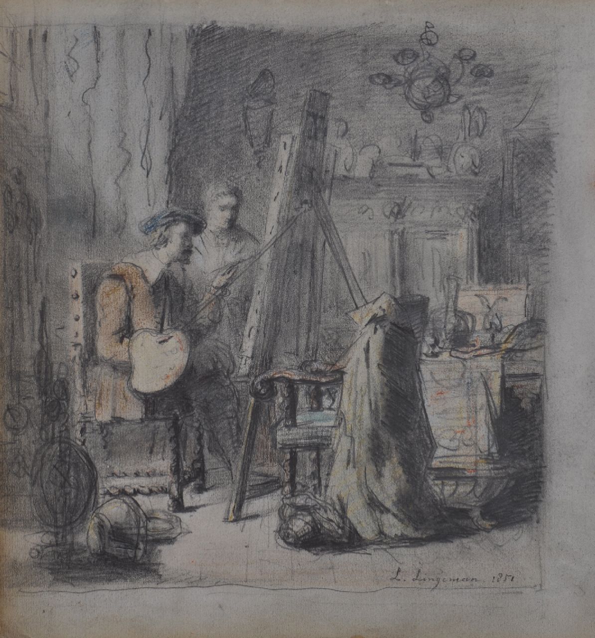 Lingeman L. | Lambertus Lingeman, Schilder in zijn atelier (mogelijk Rembrandt), potlood en krijt op papier 22,4 x 20,8 cm, gesigneerd rechtsonder en gedateerd 1852 Lingeman L. | Lambertus Lingeman, Schilder in zijn atelier (mogelijk Rembrandt), potlood en krijt op papier 22,4 x 20,8 cm, gesigneerd rechtsonder en gedateerd 1852