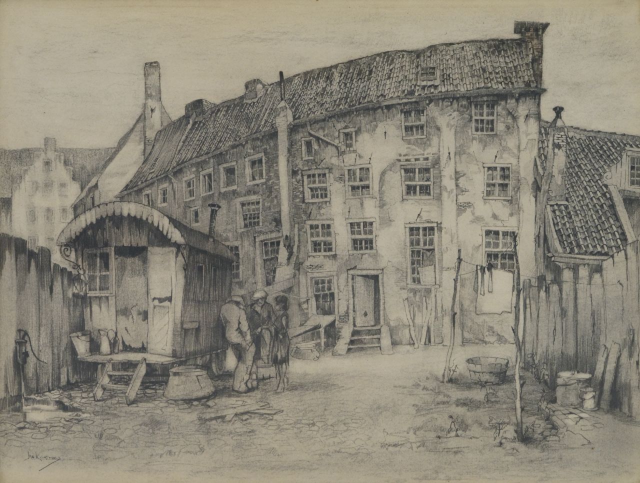 Korthals J. | Johannes 'Jan' Korthals, Muurhuizen te Amersfoort, tekening op papier 46,0 x 56,0 cm, gesigneerd linksonder Korthals J. | Johannes 'Jan' Korthals, Muurhuizen te Amersfoort, tekening op papier 46,0 x 56,0 cm, gesigneerd linksonder