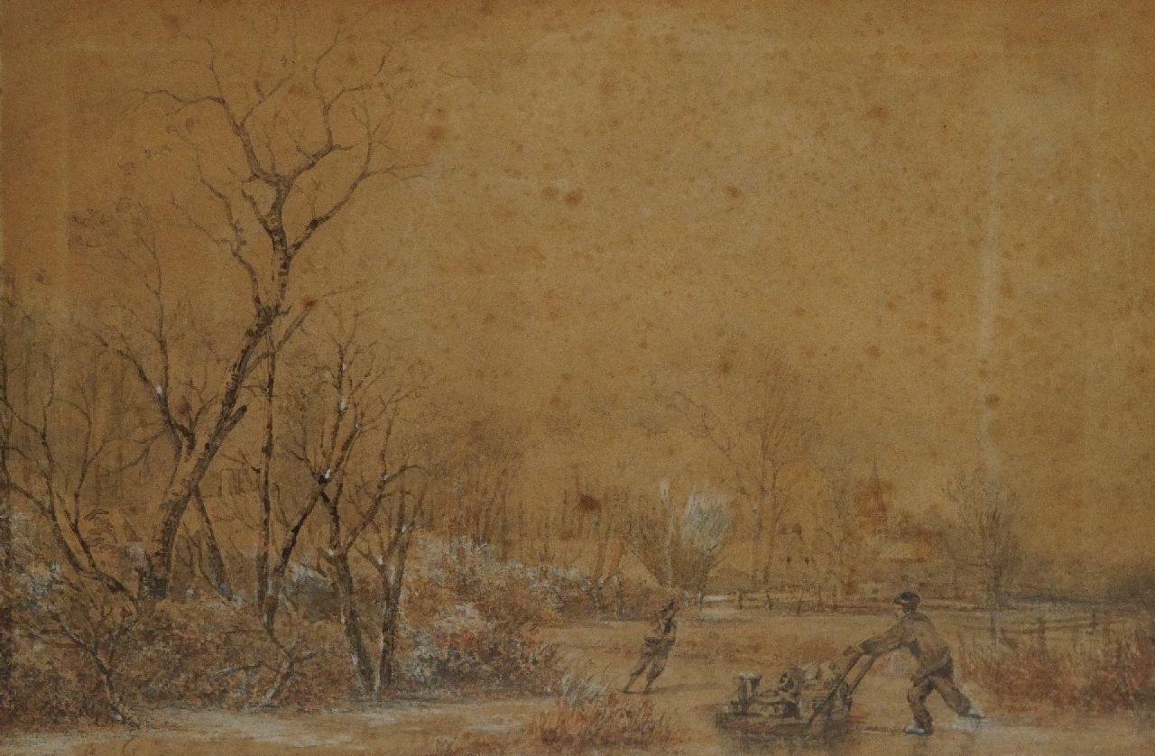 Breuhaus de Groot F. | Frans Breuhaus de Groot, Landschap met schaatsers, penseel en Oost-Indische inkt en aquarel op papier - (brush and Indian ink on paper) 19,2 x 28,9 cm, gesigneerd linksonder met initialen Breuhaus de Groot F. | Frans Breuhaus de Groot, Landschap met schaatsers, penseel en Oost-Indische inkt en aquarel op papier - (brush and Indian ink on paper) 19,2 x 28,9 cm, gesigneerd linksonder met initialen