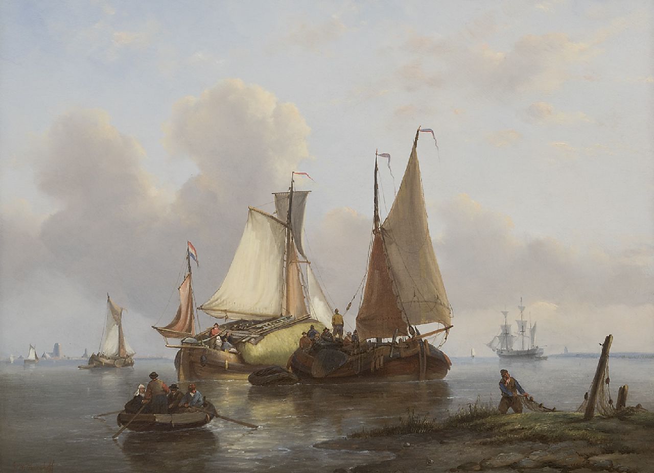 Opdenhoff G.W.  | Witzel 'George Willem' Opdenhoff, Zeilende vrachtschepen bij kalm weer, olieverf op paneel 38,8 x 53,1 cm, gesigneerd linksonder
