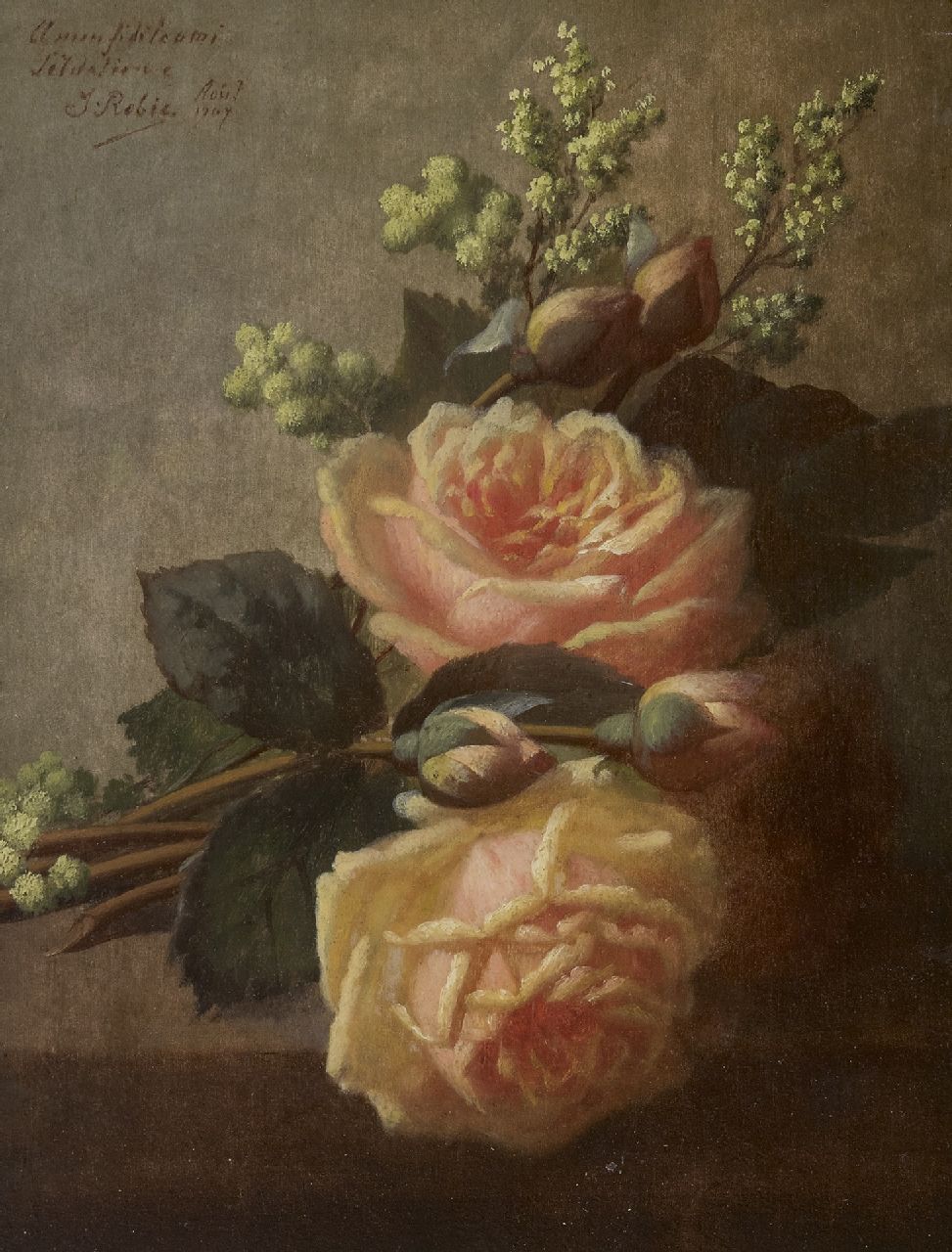 Robie J.B. | Jean-Baptiste Robie | Schilderijen te koop aangeboden | Rozen op een plint, olieverf op paneel 36,3 x 27,0 cm, gesigneerd linksboven en gedateerd 'Août 1907' Robie J.B. | Jean-Baptiste Robie | Schilderijen te koop aangeboden | Rozen op een plint, olieverf op paneel 36,3 x 27,0 cm, gesigneerd linksboven en gedateerd 'Août 1907'