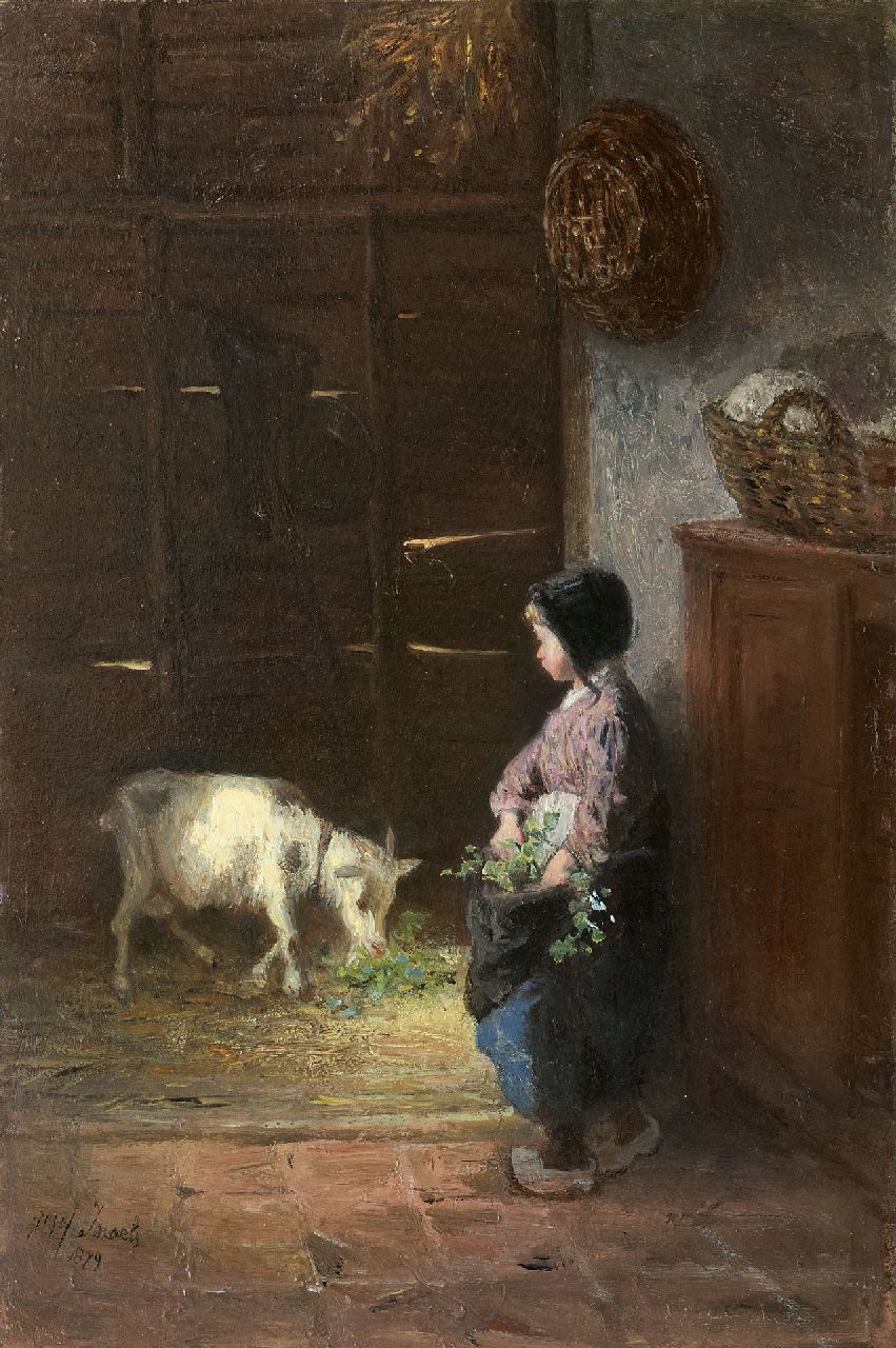 Israëls J. | Jozef Israëls, Geitje voeren, olieverf op paneel 50,0 x 33,6 cm, gesigneerd linksonder en gedateerd 1879 Israëls J. | Jozef Israëls, Geitje voeren, olieverf op paneel 50,0 x 33,6 cm, gesigneerd linksonder en gedateerd 1879