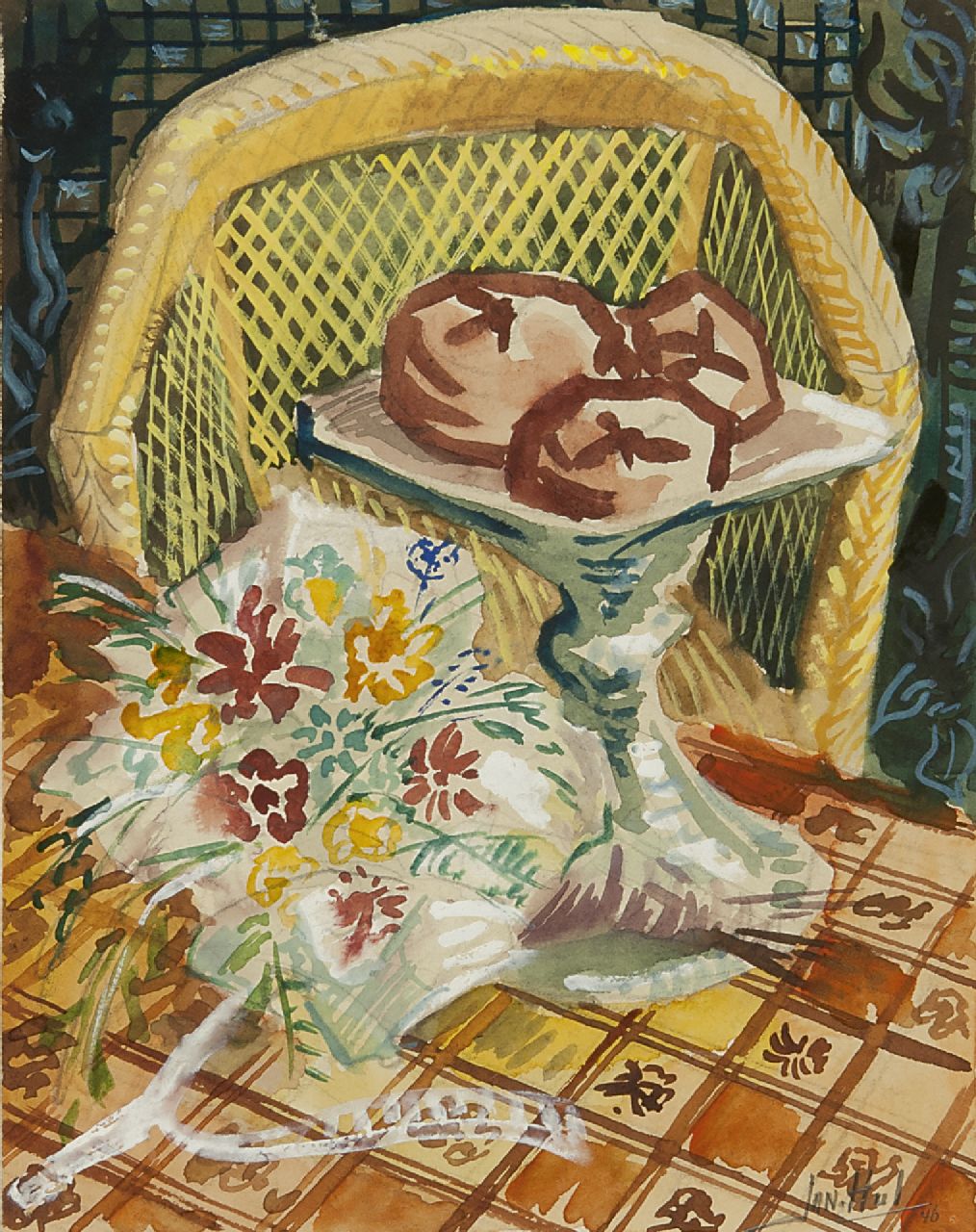 Hul J.M.F. | Johannes 'Jan' Mathias Franciscus Hul | Aquarellen en tekeningen te koop aangeboden | Stilleven met boeket en schaal met soezen, aquarel op papier 18,7 x 14,6 cm, gesigneerd rechtsonder en gedateerd '46 Hul J.M.F. | Johannes 'Jan' Mathias Franciscus Hul | Aquarellen en tekeningen te koop aangeboden | Stilleven met boeket en schaal met soezen, aquarel op papier 18,7 x 14,6 cm, gesigneerd rechtsonder en gedateerd '46