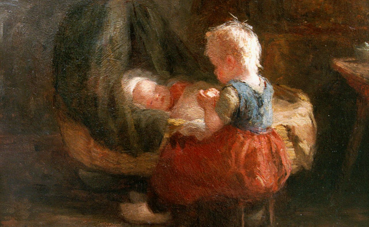 Pieters E. | Evert Pieters, Meisje bij baby in de schommelwieg, olieverf op paneel 26,2 x 36,0 cm, gesigneerd linksonder Pieters E. | Evert Pieters, Meisje bij baby in de schommelwieg, olieverf op paneel 26,2 x 36,0 cm, gesigneerd linksonder