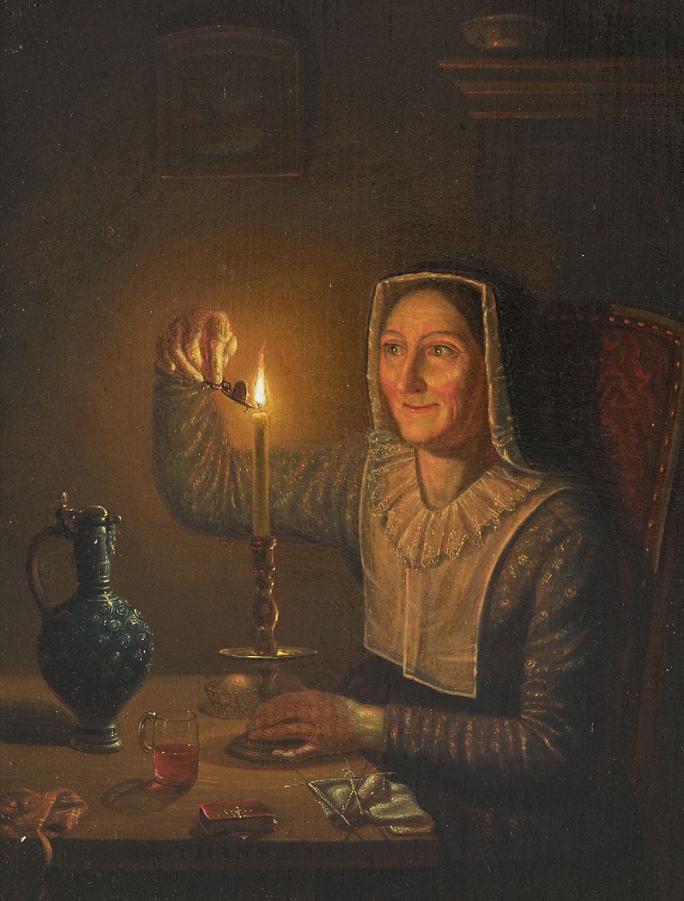 Thans W.  | Willem Thans | Schilderijen te koop aangeboden | Vrouw met kaars, olieverf op paneel 29,7 x 22,4 cm, gesigneerd middenonder op de tafelrand en gedateerd 1850