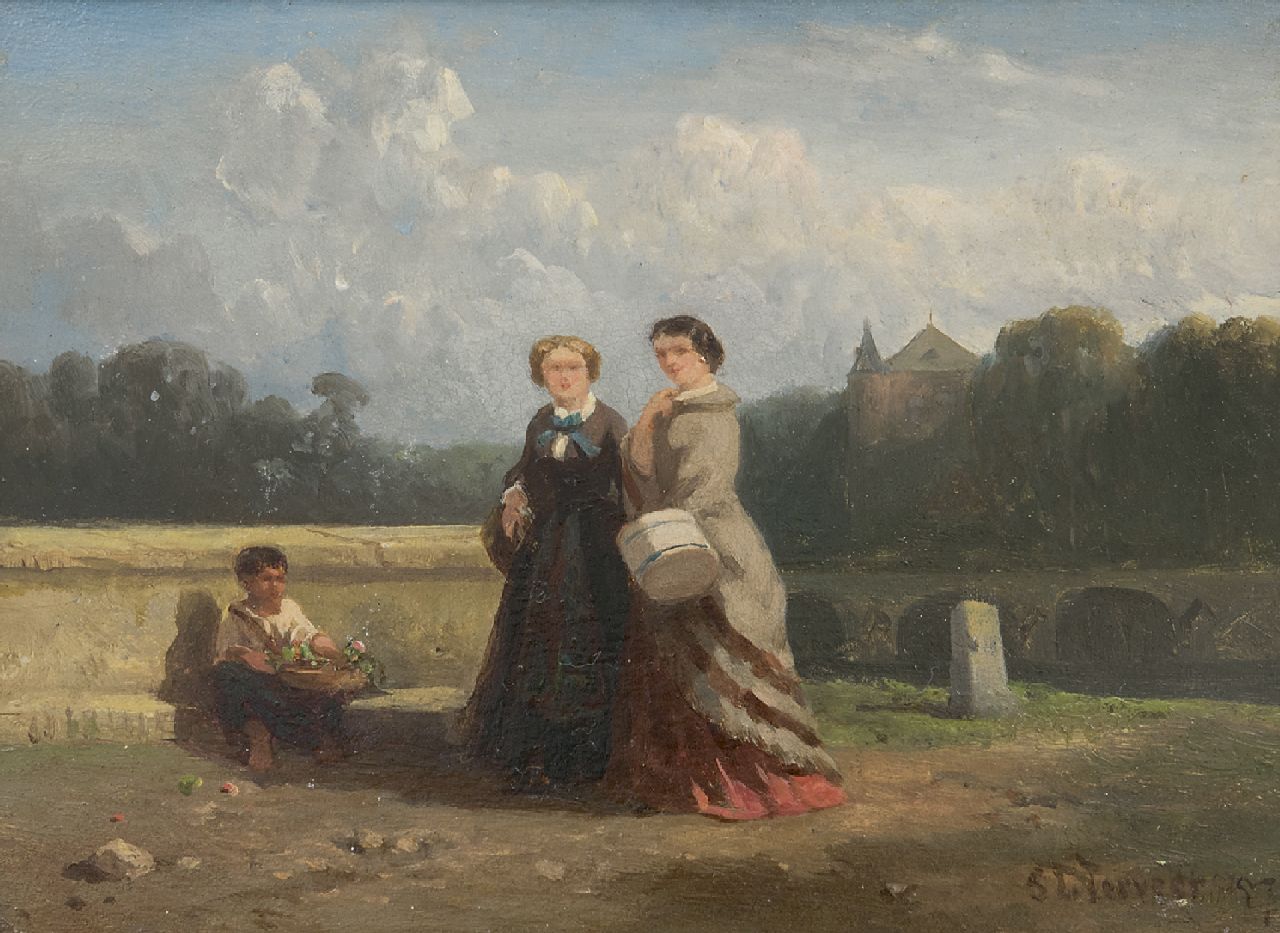 Verveer S.L. | 'Salomon' Leonardus Verveer | Schilderijen te koop aangeboden | Twee vrouwen en een bloemenverkopertje in een landschap, olieverf op paneel 15,1 x 20,2 cm, gesigneerd rechtsonder en gedateerd '57 Verveer S.L. | 'Salomon' Leonardus Verveer | Schilderijen te koop aangeboden | Twee vrouwen en een bloemenverkopertje in een landschap, olieverf op paneel 15,1 x 20,2 cm, gesigneerd rechtsonder en gedateerd '57
