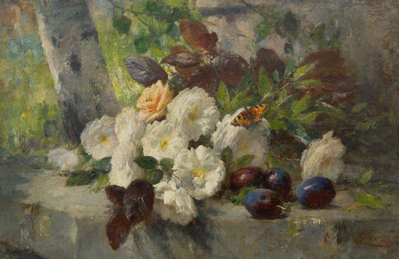 Eugeen Joors | Stilleven met rozen, fruit en een vlinder, olieverf op doek, 48,5 x 73,8 cm, gesigneerd r.o.