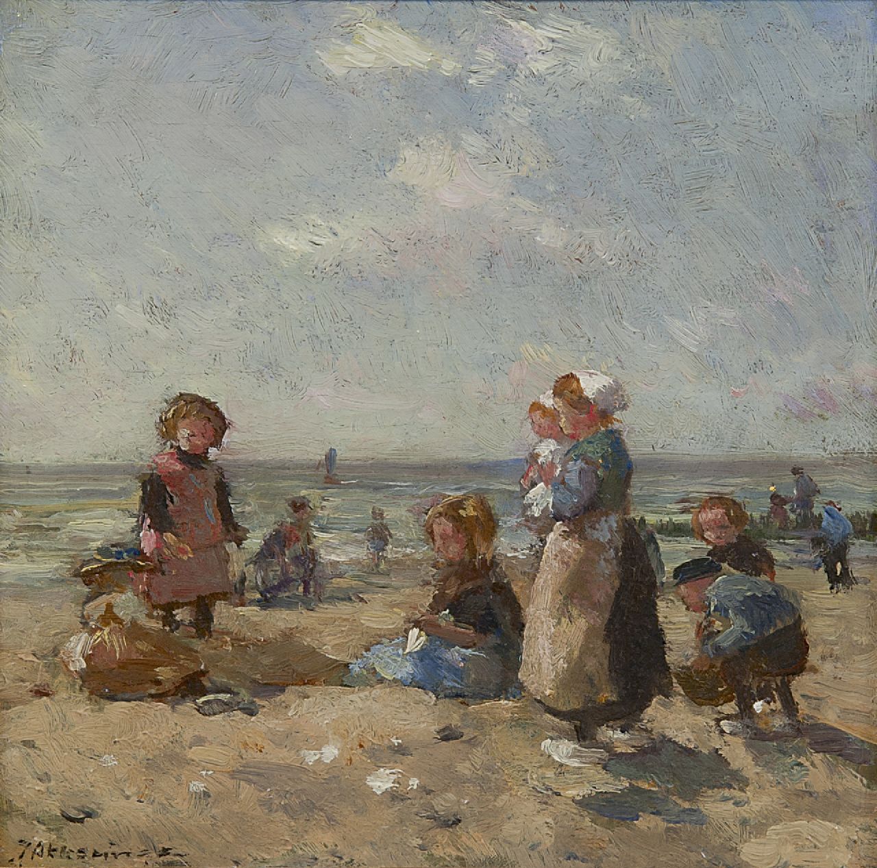Akkeringa J.E.H. | 'Johannes Evert' Hendrik Akkeringa, Spelende kinderen op het strand van Scheveningen, olieverf op paneel 16,3 x 16,8 cm, gesigneerd linksonder Akkeringa J.E.H. | 'Johannes Evert' Hendrik Akkeringa, Spelende kinderen op het strand van Scheveningen, olieverf op paneel 16,3 x 16,8 cm, gesigneerd linksonder