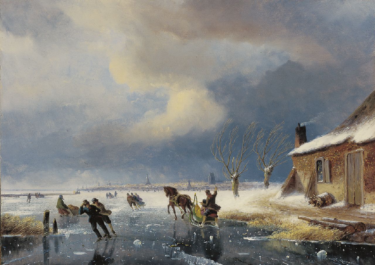 Roosenboom N.J. | Nicolaas Johannes Roosenboom | Schilderijen te koop aangeboden | Schaatsers op een bevroren rivier met een stad in de verte, olieverf op paneel 36,1 x 50,0 cm, gesigneerd rechtsonder Roosenboom N.J. | Nicolaas Johannes Roosenboom | Schilderijen te koop aangeboden | Schaatsers op een bevroren rivier met een stad in de verte, olieverf op paneel 36,1 x 50,0 cm, gesigneerd rechtsonder