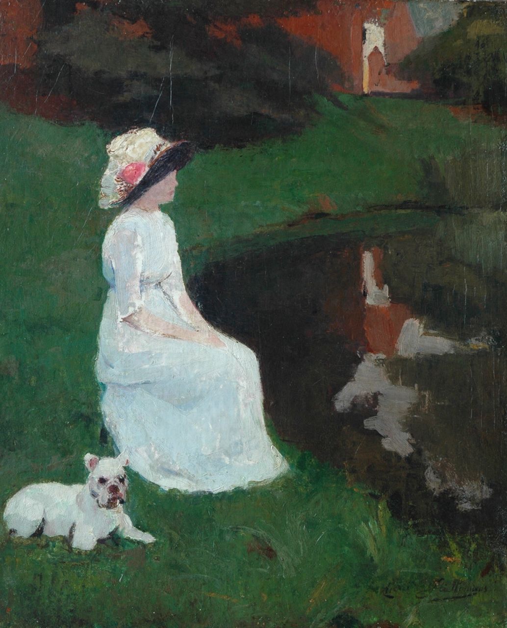 Stiellemans H.V. | Henri Victor Stiellemans | Schilderijen te koop aangeboden | Dame met bulldog in een park, olieverf op doek 59,9 x 50,0 cm, gesigneerd rechtsonder Stiellemans H.V. | Henri Victor Stiellemans | Schilderijen te koop aangeboden | Dame met bulldog in een park, olieverf op doek 59,9 x 50,0 cm, gesigneerd rechtsonder