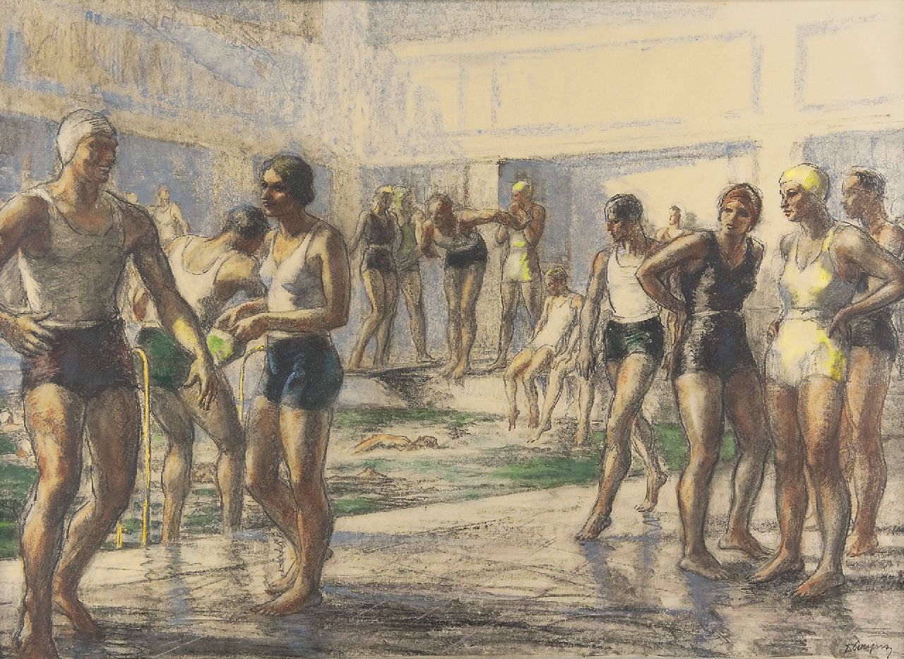 Piryns D. | Désiré Piryns, In het zwembad, krijt op papier 51,0 x 73,0 cm, gesigneerd rechtsonder en te dateren jaren 30 Piryns D. | Désiré Piryns, In het zwembad, krijt op papier 51,0 x 73,0 cm, gesigneerd rechtsonder en te dateren jaren 30