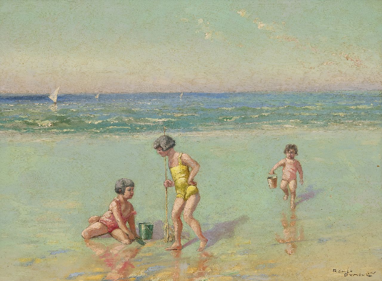 Dumoulin R. | Roméo Dumoulin, Kinderen op het strand, olieverf op schildersboard 30,7 x 40,9 cm, gesigneerd rechtsonder Dumoulin R. | Roméo Dumoulin, Kinderen op het strand, olieverf op schildersboard 30,7 x 40,9 cm, gesigneerd rechtsonder