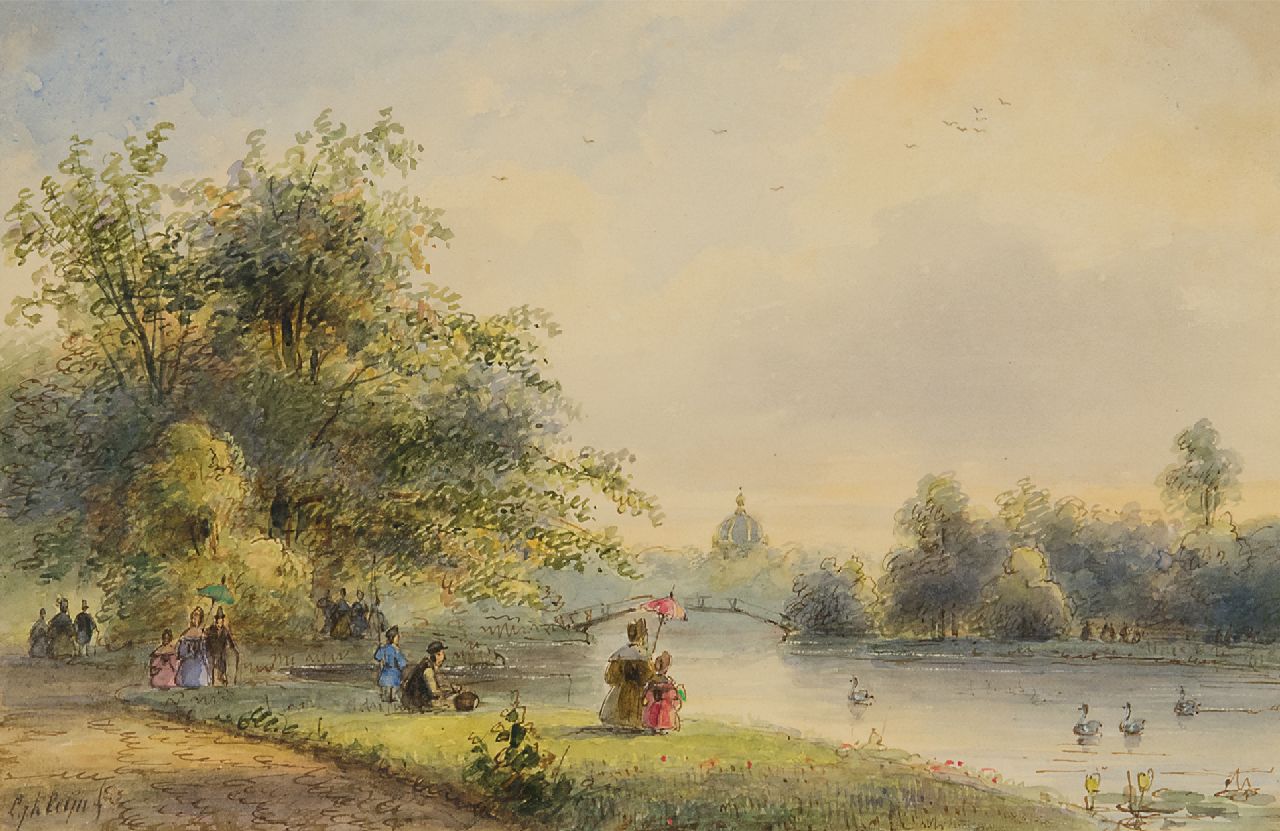 Kleijn L.J. | Lodewijk Johannes Kleijn | Aquarellen en tekeningen te koop aangeboden | Wandelaars bij de vijver van Huis ten Bosch in Den Haag, aquarel op papier 14,0 x 21,5 cm, gesigneerd linksonder en op opzetvel Kleijn L.J. | Lodewijk Johannes Kleijn | Aquarellen en tekeningen te koop aangeboden | Wandelaars bij de vijver van Huis ten Bosch in Den Haag, aquarel op papier 14,0 x 21,5 cm, gesigneerd linksonder en op opzetvel