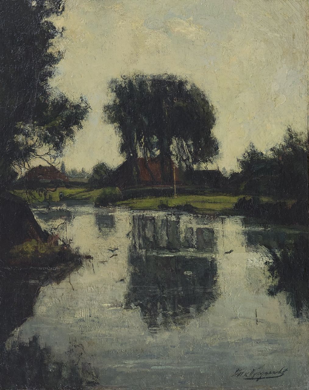 Wijngaerdt P.T. van | Petrus Theodorus 'Piet' van Wijngaerdt, Boerderij met bomen aan het water, olieverf op doek 35,0 x 28,0 cm, gesigneerd rechtsonder en te dateren ca. 1908-1909
