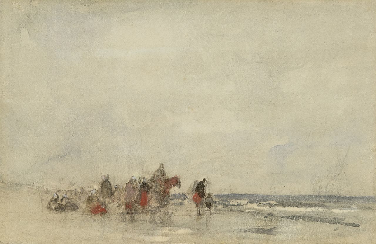 Maris J.H. | Jacobus Hendricus 'Jacob' Maris, Strand met wachtende vissersvrouwen rondom de lijnhaler, krijt en aquarel op papier 21,0 x 28,7 cm Maris J.H. | Jacobus Hendricus 'Jacob' Maris, Strand met wachtende vissersvrouwen rondom de lijnhaler, krijt en aquarel op papier 21,0 x 28,7 cm