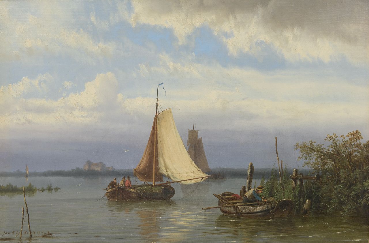 Koekkoek J.H.B. | Johannes Hermanus Barend 'Jan H.B.' Koekkoek, Schepen op een rivier bij kalm weer, olieverf op doek 31,4 x 47,3 cm, gesigneerd linksonder Koekkoek J.H.B. | Johannes Hermanus Barend 'Jan H.B.' Koekkoek, Schepen op een rivier bij kalm weer, olieverf op doek 31,4 x 47,3 cm, gesigneerd linksonder