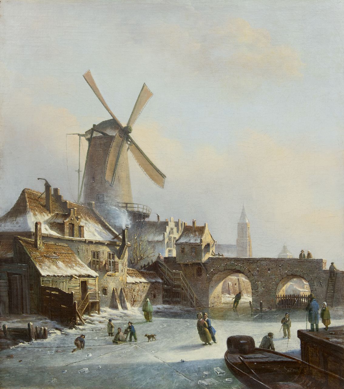 Soeterik T. | Theodoor Soeterik, Schaatsers op een bevroren buitengracht bij een molen, olieverf op doek 67,0 x 59,7 cm, gesigneerd rechtsonder Soeterik T. | Theodoor Soeterik, Schaatsers op een bevroren buitengracht bij een molen, olieverf op doek 67,0 x 59,7 cm, gesigneerd rechtsonder