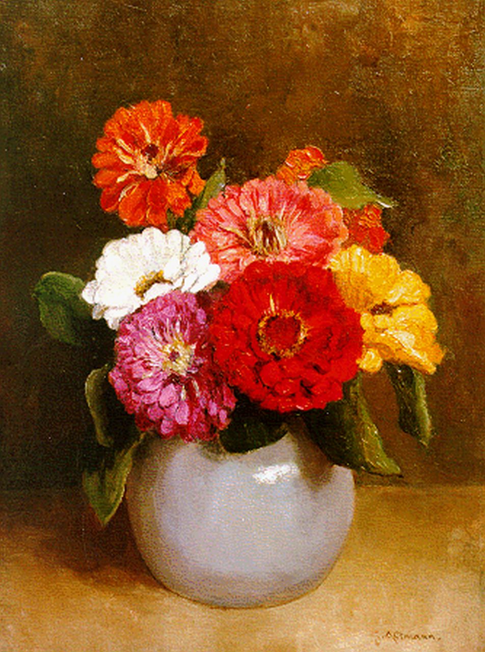 Altmann G.  | Gerard Altmann, Zinnia's in pul, olieverf op doek 40,2 x 30,3 cm, gesigneerd rechtsonder