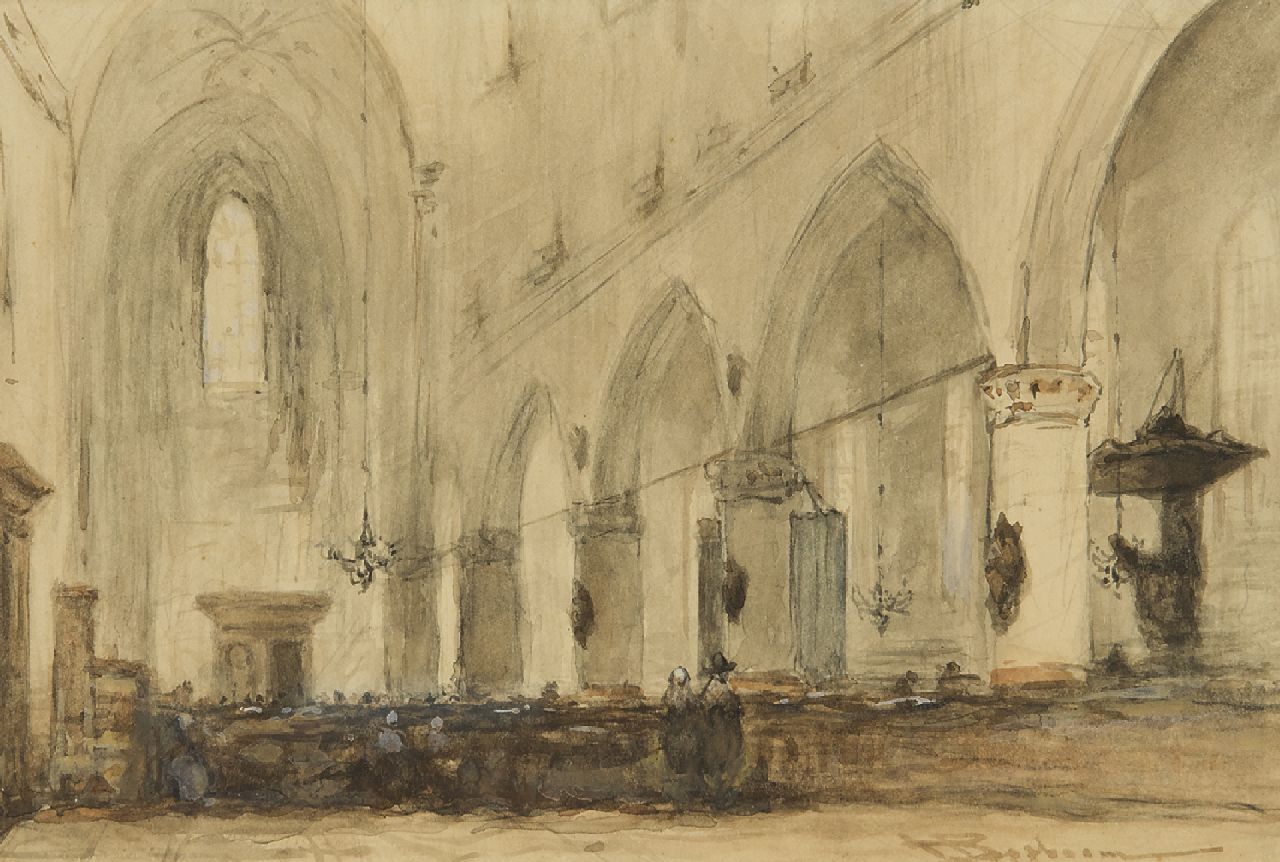 Bosboom J. | Johannes Bosboom, Kerkinterieur, aquarel op papier 13,0 x 19,2 cm, gesigneerd rechtsonder Bosboom J. | Johannes Bosboom, Kerkinterieur, aquarel op papier 13,0 x 19,2 cm, gesigneerd rechtsonder
