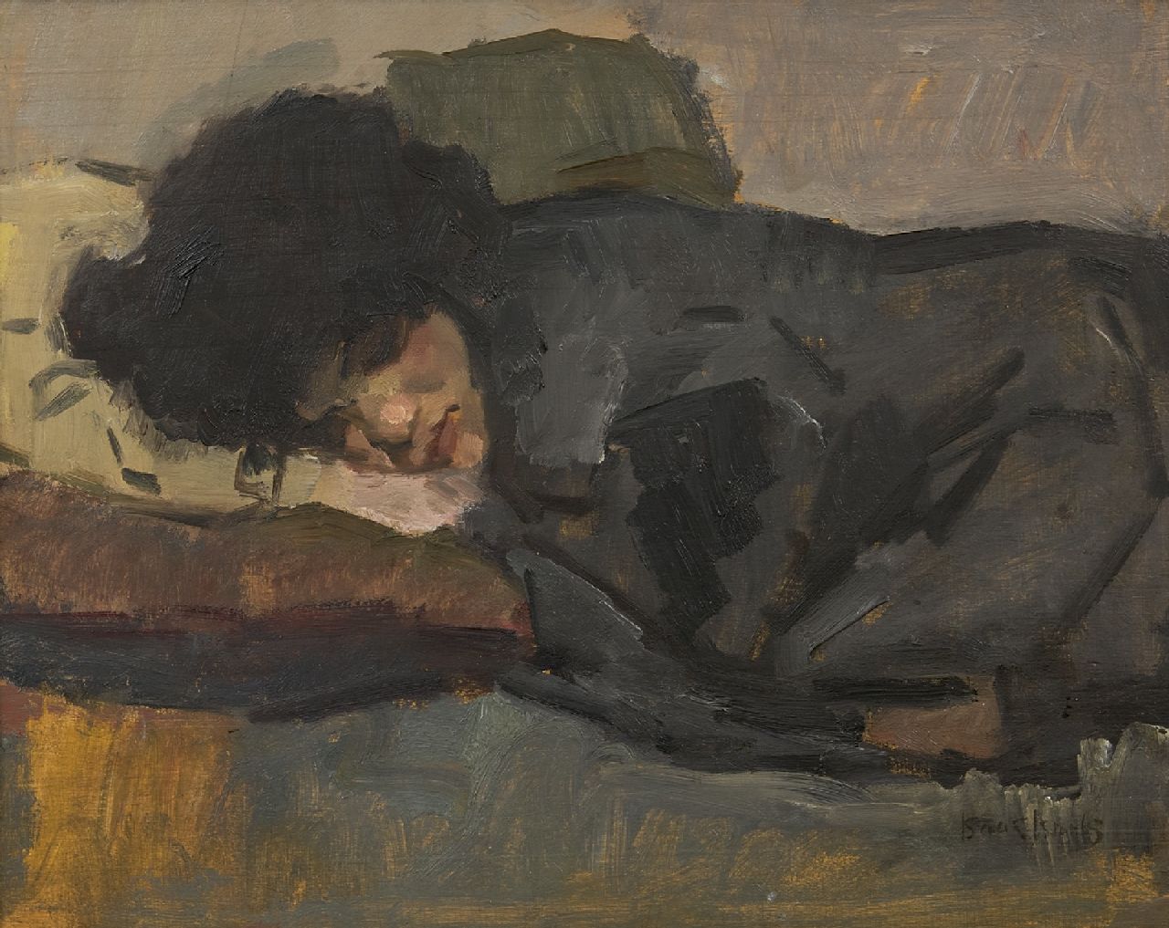 Israels I.L. | 'Isaac' Lazarus Israels, Slapende vrouw, olieverf op paneel 32,5 x 41,0 cm, gesigneerd rechtsonder Israels I.L. | 'Isaac' Lazarus Israels, Slapende vrouw, olieverf op paneel 32,5 x 41,0 cm, gesigneerd rechtsonder
