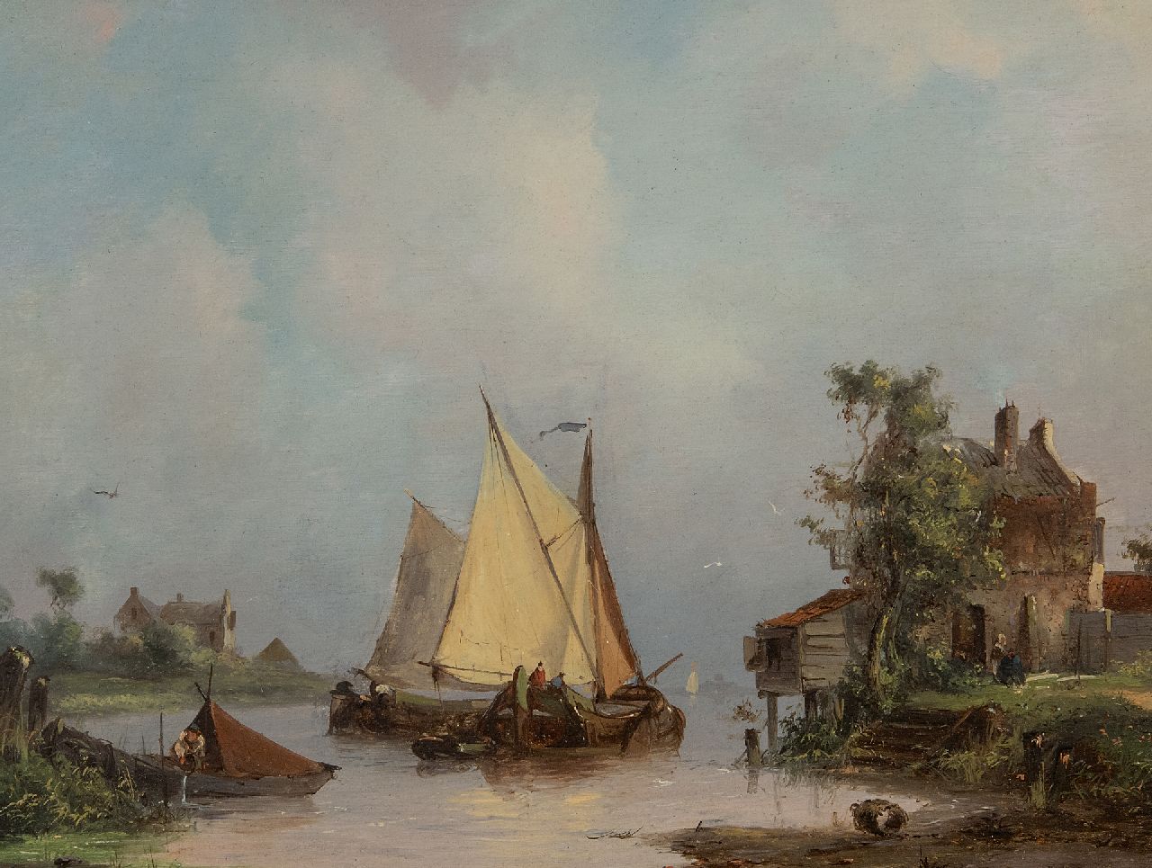 Hilleveld A.D.  | Adrianus David Hilleveld | Schilderijen te koop aangeboden | Zeilschepen op een rivier, olieverf op paneel 24,8 x 32,3 cm