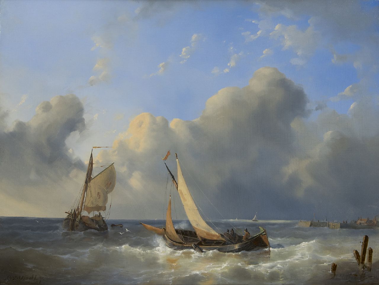 Hilleveld A.D.  | Adrianus David Hilleveld, Laverende zeilschepen voor een haveningang, olieverf op paneel 42,5 x 56,5 cm, gesigneerd linksonder en rechtsonder en gedateerd '54