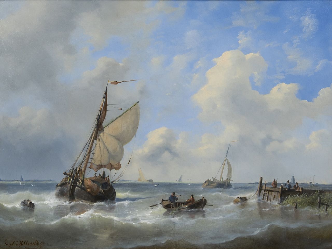 Hilleveld A.D. | Adrianus David Hilleveld | Schilderijen te koop aangeboden | Zeilschepen bij een havenhoofd, olieverf op paneel 43,1 x 56,5 cm, gesigneerd linksonder en gedateerd '54 Hilleveld A.D. | Adrianus David Hilleveld | Schilderijen te koop aangeboden | Zeilschepen bij een havenhoofd, olieverf op paneel 43,1 x 56,5 cm, gesigneerd linksonder en gedateerd '54