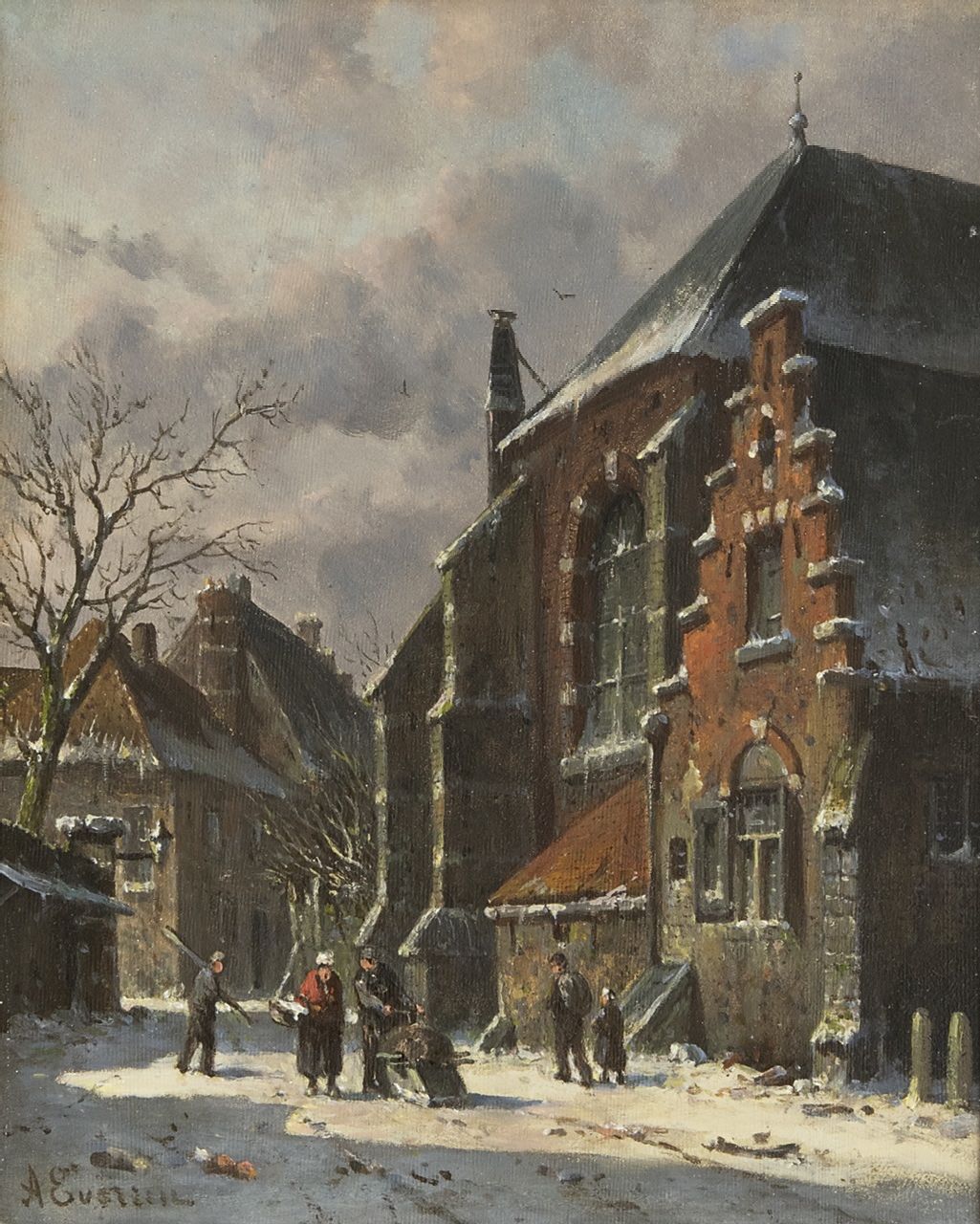 Eversen A. | Adrianus Eversen, Winters stadsgezicht met figuren, olieverf op paneel 25,0 x 19,5 cm, gesigneerd linksonder Eversen A. | Adrianus Eversen, Winters stadsgezicht met figuren, olieverf op paneel 25,0 x 19,5 cm, gesigneerd linksonder