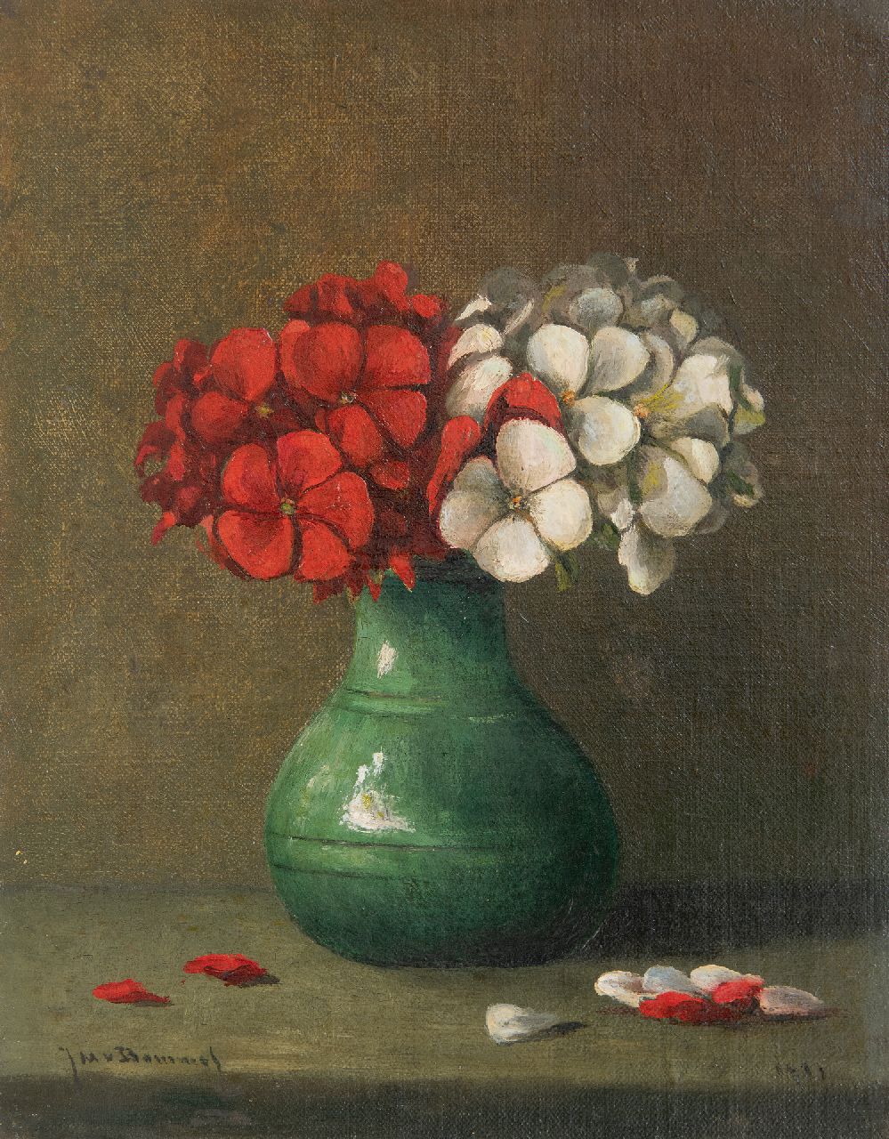Bommel J.M. van | Jacobus Marinus van Bommel, Rode en witte geranium in groen vaasje, olieverf op doek op paneel 23,0 x 18,1 cm, gesigneerd linksonder en gedateerd 1917 Bommel J.M. van | Jacobus Marinus van Bommel, Rode en witte geranium in groen vaasje, olieverf op doek op paneel 23,0 x 18,1 cm, gesigneerd linksonder en gedateerd 1917