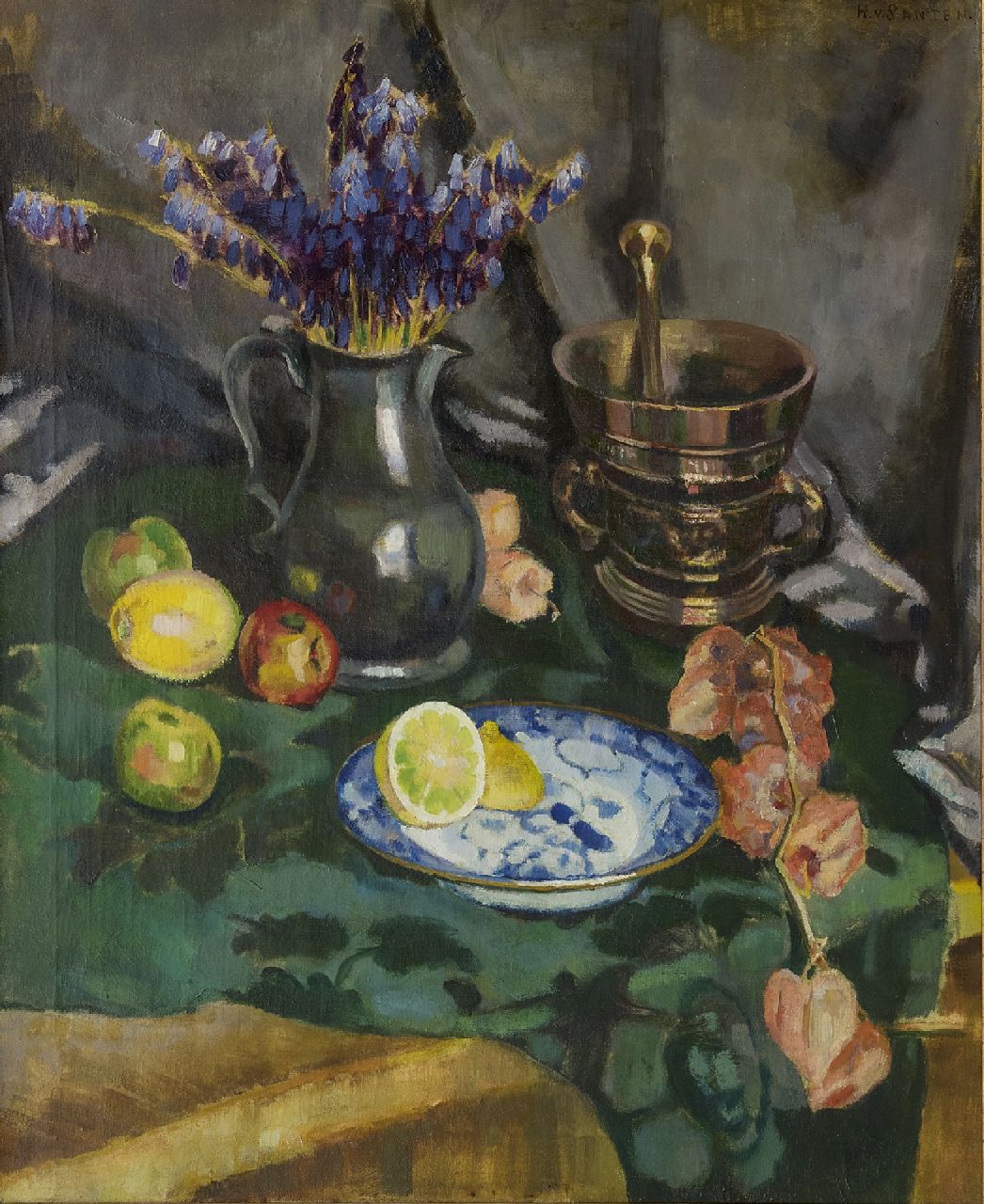 Santen A.J. van | Anna Jacoba 'Hans' van Santen, Stilleven met bloemen, citroen en vijzel, olieverf op doek 62,0 x 75,0 cm, gesigneerd rechtsboven Santen A.J. van | Anna Jacoba 'Hans' van Santen, Stilleven met bloemen, citroen en vijzel, olieverf op doek 62,0 x 75,0 cm, gesigneerd rechtsboven