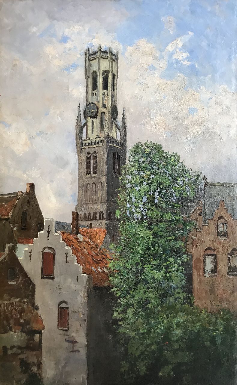 Belgische School, eerste helft 20e eeuw | Belgische School, eerste helft 20e eeuw, Gezicht in Brugge met het Belfort, olieverf op doek 91,0 x 56,9 cm, zonder lijst Belgische School, eerste helft 20e eeuw | Belgische School, eerste helft 20e eeuw, Gezicht in Brugge met het Belfort, olieverf op doek 91,0 x 56,9 cm, zonder lijst