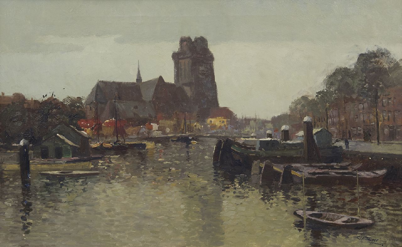 Soer C. | Christiaan 'Chris' Soer, De Nieuwe Haven met de Grote Kerk, Dordrecht, olieverf op doek 38,5 x 60,5 cm, gesigneerd rechtsonder Soer C. | Christiaan 'Chris' Soer, De Nieuwe Haven met de Grote Kerk, Dordrecht, olieverf op doek 38,5 x 60,5 cm, gesigneerd rechtsonder