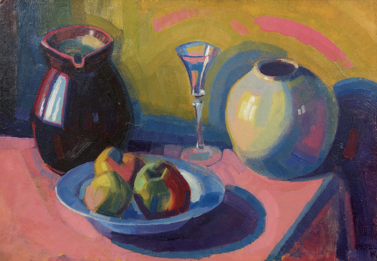 Koning R.  | Roeland Koning, Stilleven met schaal met appels, olieverf op paneel 49,6 x 71,0 cm, gesigneerd rechtsonder gedeeltelijk en gedateerd '19