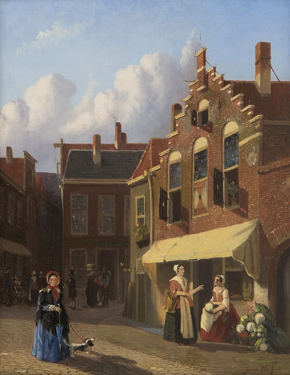 Bles J. | Joseph Bles, Hollands straatje met groentestal, olieverf op paneel 25,3 x 20,0 cm, gesigneerd rechtsonder Bles J. | Joseph Bles, Hollands straatje met groentestal, olieverf op paneel 25,3 x 20,0 cm, gesigneerd rechtsonder