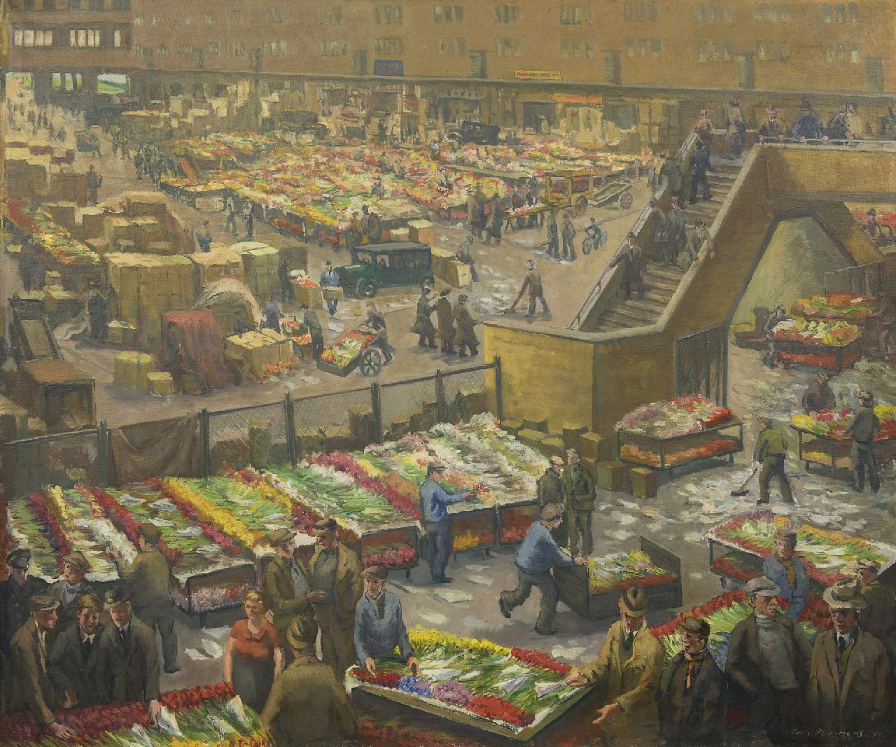 Pluijmers A.B. | Anthonie Bernardus 'Toon' Pluijmers, Tulpenverkoop op de bloemenveiling van Aalsmeer, olieverf op doek 88,5 x 103,5 cm, gesigneerd rechtsonder en gedateerd '39 Pluijmers A.B. | Anthonie Bernardus 'Toon' Pluijmers, Tulpenverkoop op de bloemenveiling van Aalsmeer, olieverf op doek 88,5 x 103,5 cm, gesigneerd rechtsonder en gedateerd '39