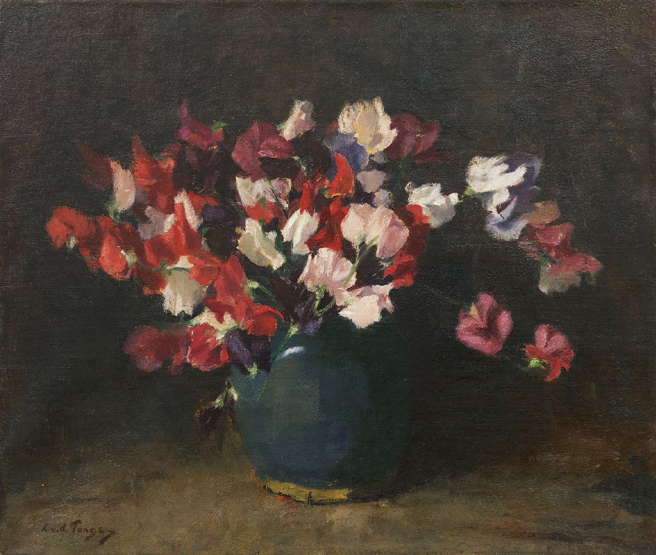Tonge L.L. van der | 'Lammert' Leire van der Tonge, Lathyrus in een gemberpot, olieverf op doek 45,5 x 53,6 cm, gesigneerd linksonder