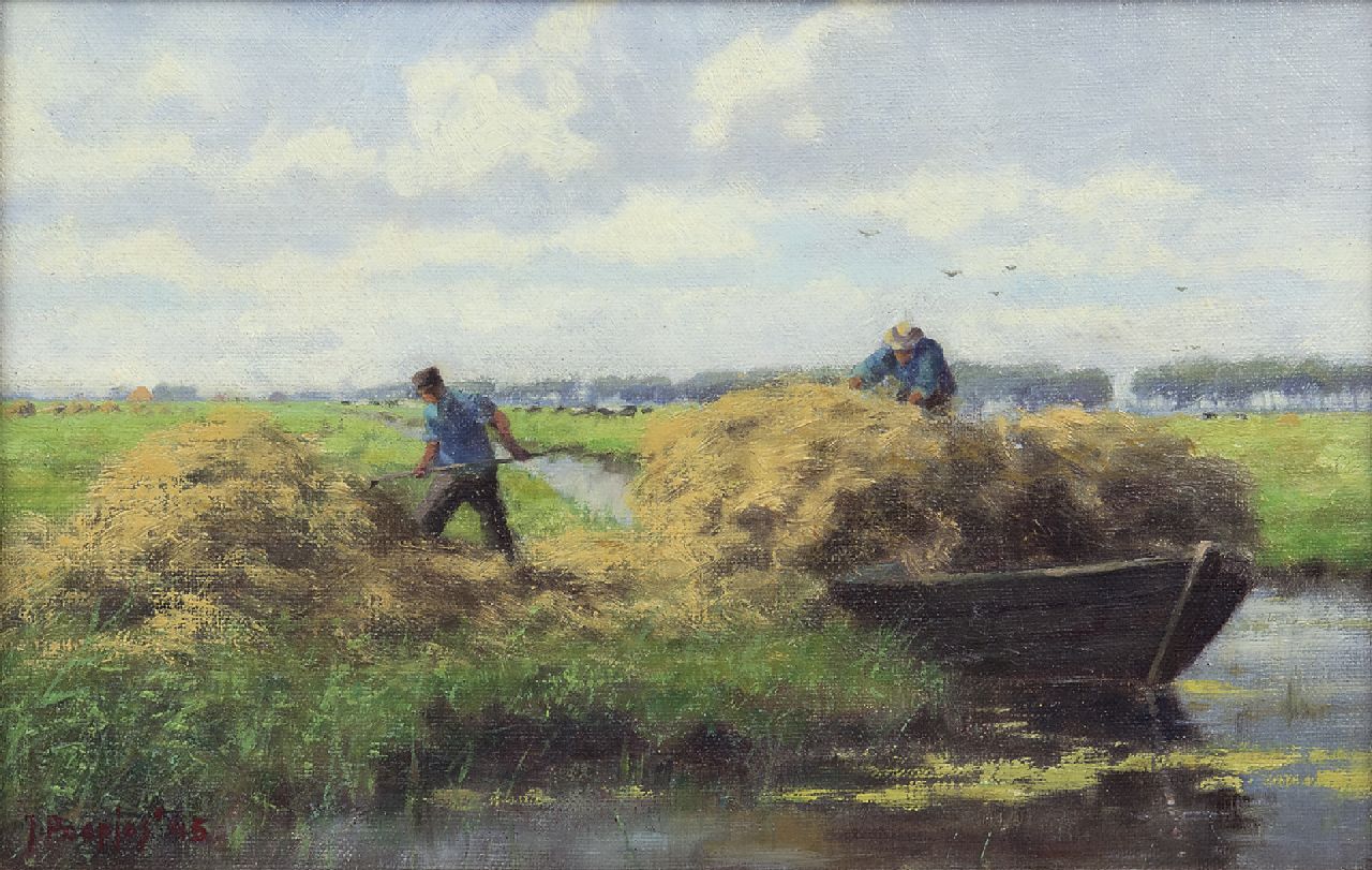 Holtrup J.  | Jan Holtrup, Hooitijd bij Akkrum, olieverf op doek op paneel 18,5 x 28,6 cm, gesigneerd linksonder gesigneerd 'J. Poepjes' en gedateerd '45