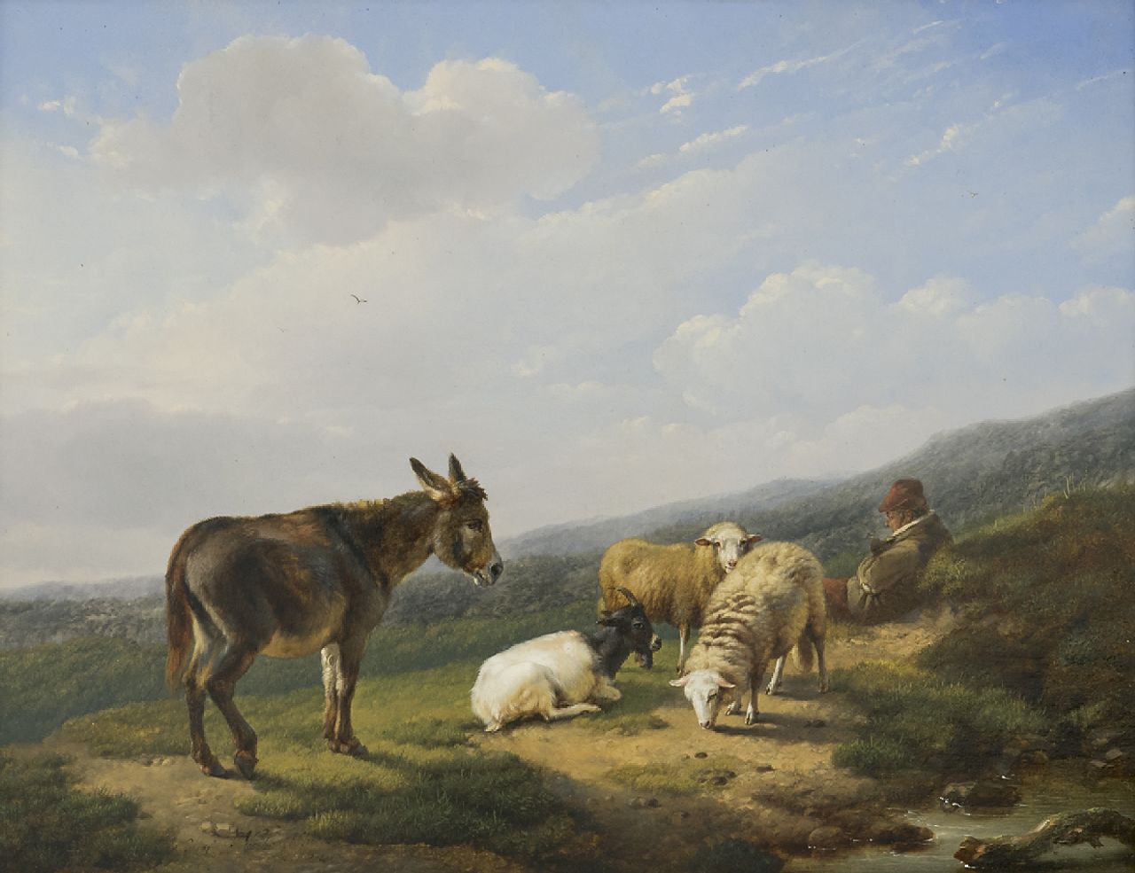 Verboeckhoven E.J. | Eugène Joseph Verboeckhoven, Rustende herder met schapen, bok en ezel, olieverf op paneel 24,7 x 32,2 cm, gesigneerd linksonder Verboeckhoven E.J. | Eugène Joseph Verboeckhoven, Rustende herder met schapen, bok en ezel, olieverf op paneel 24,7 x 32,2 cm, gesigneerd linksonder