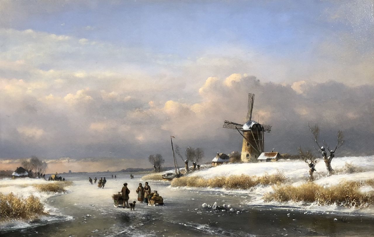 Kleijn L.J. | Lodewijk Johannes Kleijn, Winterlandschap met molen en schaatsers (alleen tezamen met zomer), olieverf op paneel 33,6 x 52,0 cm, gesigneerd rechtsonder Kleijn L.J. | Lodewijk Johannes Kleijn, Winterlandschap met molen en schaatsers (alleen tezamen met zomer), olieverf op paneel 33,6 x 52,0 cm, gesigneerd rechtsonder