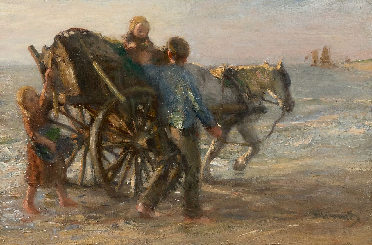 Blommers B.J. | Bernardus Johannes 'Bernard' Blommers, Schelpenvisser met zijn kinderen op het strand, olieverf op doek 28,3 x 42,0 cm, gesigneerd rechtsonder Blommers B.J. | Bernardus Johannes 'Bernard' Blommers, Schelpenvisser met zijn kinderen op het strand, olieverf op doek 28,3 x 42,0 cm, gesigneerd rechtsonder