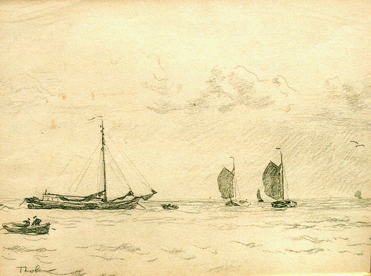 Tholen W.B. | Willem Bastiaan Tholen, Zeilschepen en roeiboot op de Zuiderzee, potlood op papier 22,5 x 30,0 cm, gesigneerd linksonder Tholen W.B. | Willem Bastiaan Tholen, Zeilschepen en roeiboot op de Zuiderzee, potlood op papier 22,5 x 30,0 cm, gesigneerd linksonder
