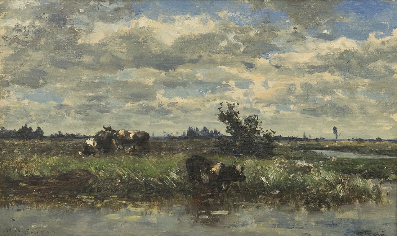 Roelofs W. | Willem Roelofs, Koeien aan een plas, Loosdrecht, olieverf op doek 27,0 x 44,4 cm, gesigneerd rechtsonder Roelofs W. | Willem Roelofs, Koeien aan een plas, Loosdrecht, olieverf op doek 27,0 x 44,4 cm, gesigneerd rechtsonder