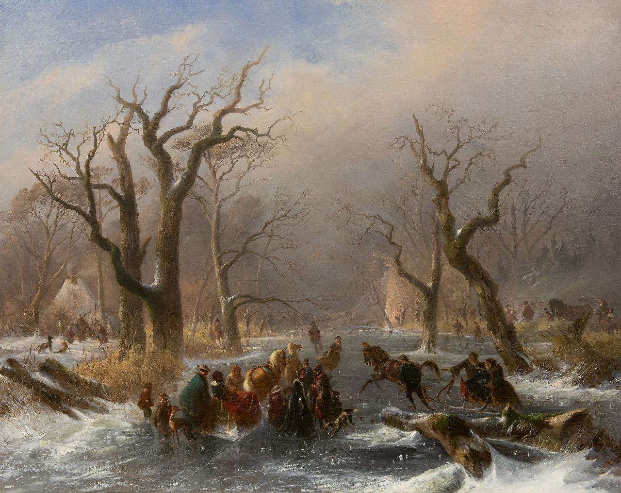 Tavenraat J. | Johannes Tavenraat, Schaatsers en arrenslede op een bevroren bosbeek bij Kleef, olieverf op doek 76,1 x 94,2 cm, gesigneerd linksonder en gedateerd 1857 Tavenraat J. | Johannes Tavenraat, Schaatsers en arrenslede op een bevroren bosbeek bij Kleef, olieverf op doek 76,1 x 94,2 cm, gesigneerd linksonder en gedateerd 1857
