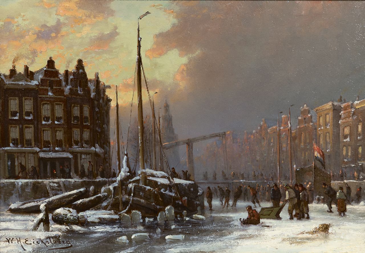 Eickelberg W.H.  | Willem Hendrik Eickelberg | Schilderijen te koop aangeboden | IJsvertier op Amsterdamse gracht, olieverf op paneel 26,8 x 38,2 cm, gesigneerd linksonder en te dateren na 1904