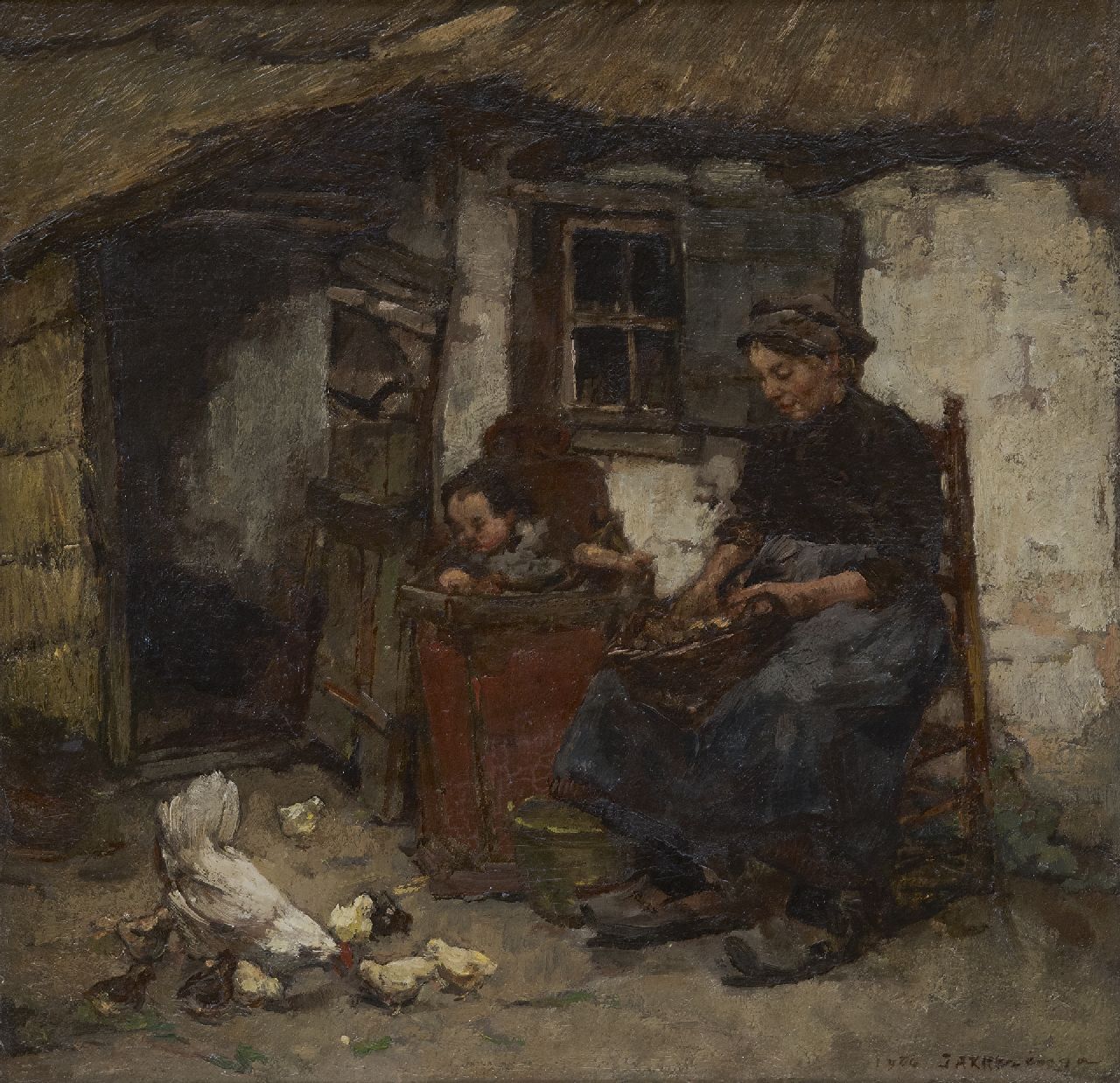 Akkeringa J.E.H.  | 'Johannes Evert' Hendrik Akkeringa | Schilderijen te koop aangeboden | Zomermiddag op het erf, Heeze, olieverf op doek op paneel 34,9 x 36,3 cm, gesigneerd rechtsonder en gedateerd 1904
