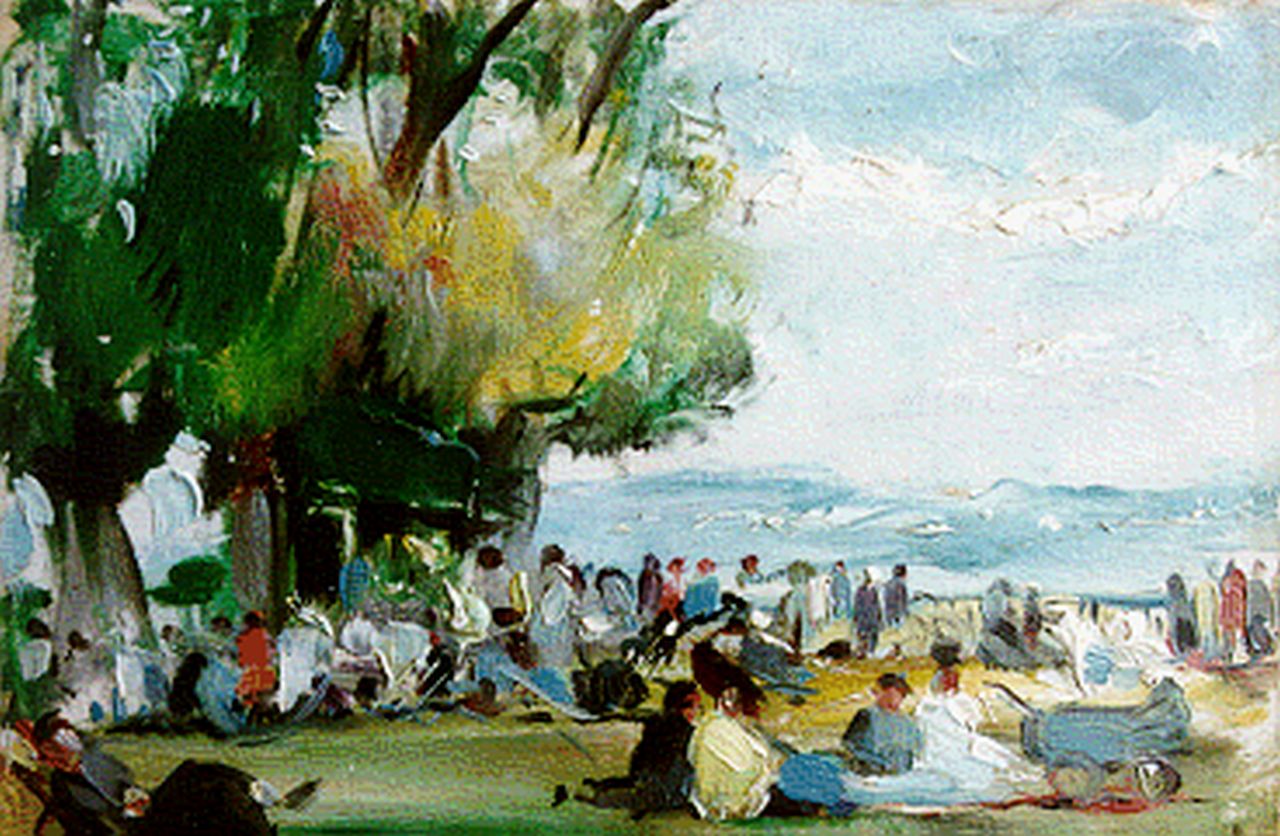 Margoteau R.P. | René Pierre Margoteau, Mensen in het park bij een meer, olieverf op doek op paneel 16,0 x 22,0 cm, gesigneerd rechtsonder Margoteau R.P. | René Pierre Margoteau, Mensen in het park bij een meer, olieverf op doek op paneel 16,0 x 22,0 cm, gesigneerd rechtsonder