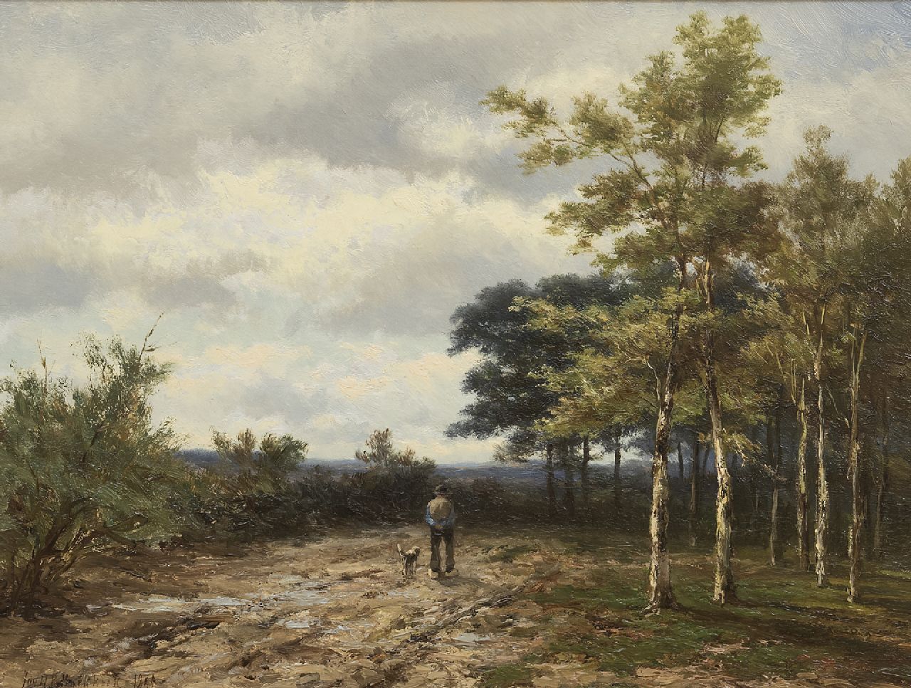 Koekkoek J.H.B. | Johannes Hermanus Barend 'Jan H.B.' Koekkoek | Schilderijen te koop aangeboden | Wandelende boer met hond, olieverf op paneel 38,1 x 49,8 cm, gesigneerd linksonder en gedateerd 1898 Koekkoek J.H.B. | Johannes Hermanus Barend 'Jan H.B.' Koekkoek | Schilderijen te koop aangeboden | Wandelende boer met hond, olieverf op paneel 38,1 x 49,8 cm, gesigneerd linksonder en gedateerd 1898