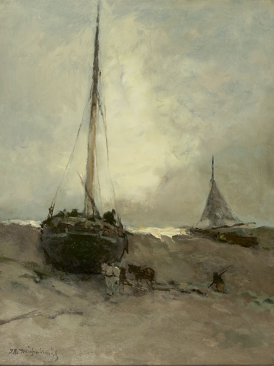 Weissenbruch H.J. | Hendrik Johannes 'J.H.' Weissenbruch, Bomschuiten op het strand, olieverf op doek 56,0 x 43,0 cm, gesigneerd linksonder Weissenbruch H.J. | Hendrik Johannes 'J.H.' Weissenbruch, Bomschuiten op het strand, olieverf op doek 56,0 x 43,0 cm, gesigneerd linksonder