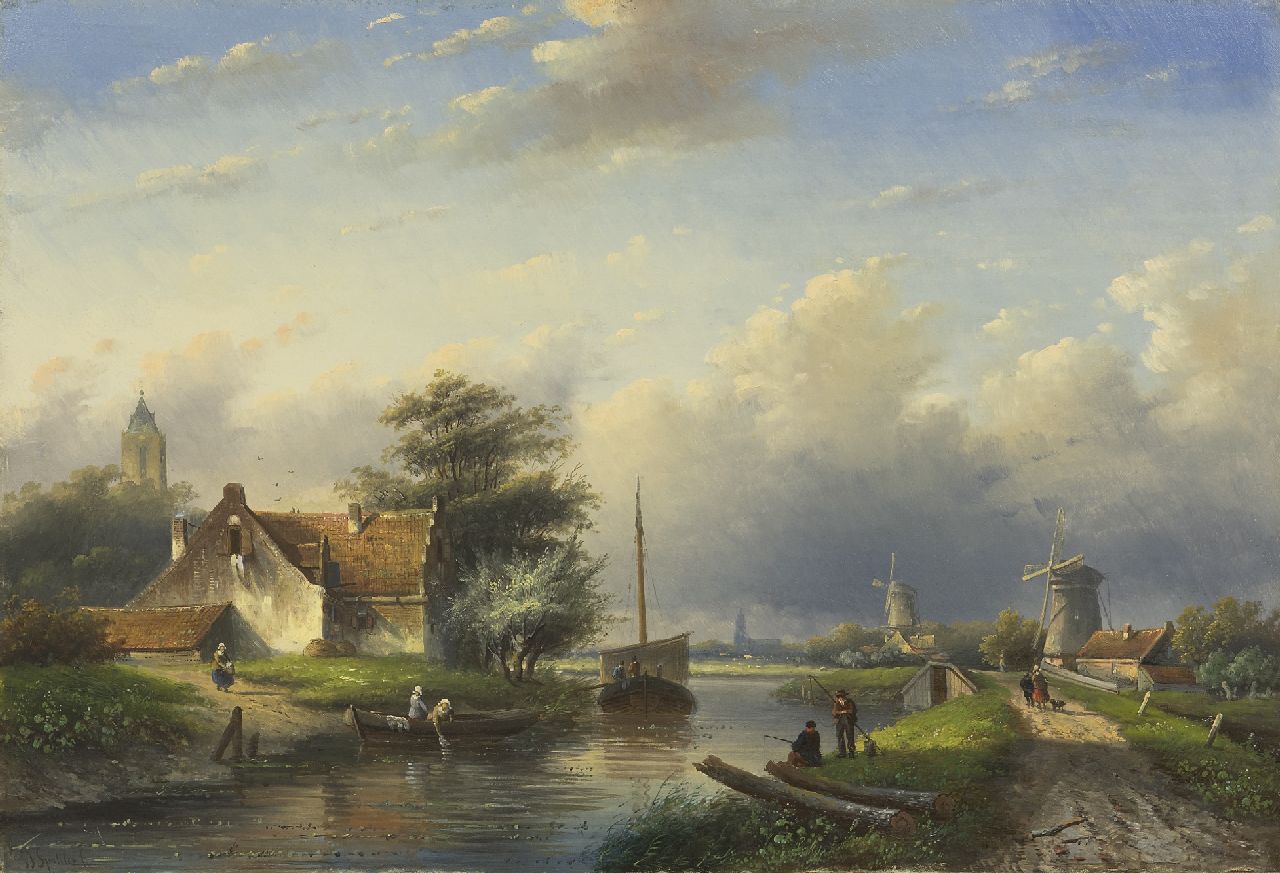 Spohler J.J. | Jan Jacob Spohler, Zomers rivierlandschap, olieverf op paneel 42,8 x 62,4 cm, gesigneerd linksonder Spohler J.J. | Jan Jacob Spohler, Zomers rivierlandschap, olieverf op paneel 42,8 x 62,4 cm, gesigneerd linksonder