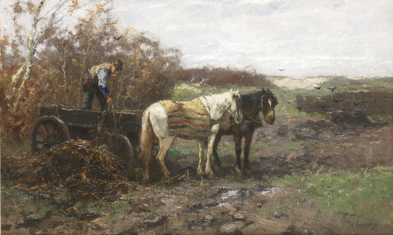 Scherrewitz J.F.C.  | Johan Frederik Cornelis Scherrewitz, Afladen van de kar in de duinen, olieverf op doek 52,2 x 85,5 cm, gesigneerd rechtsonder